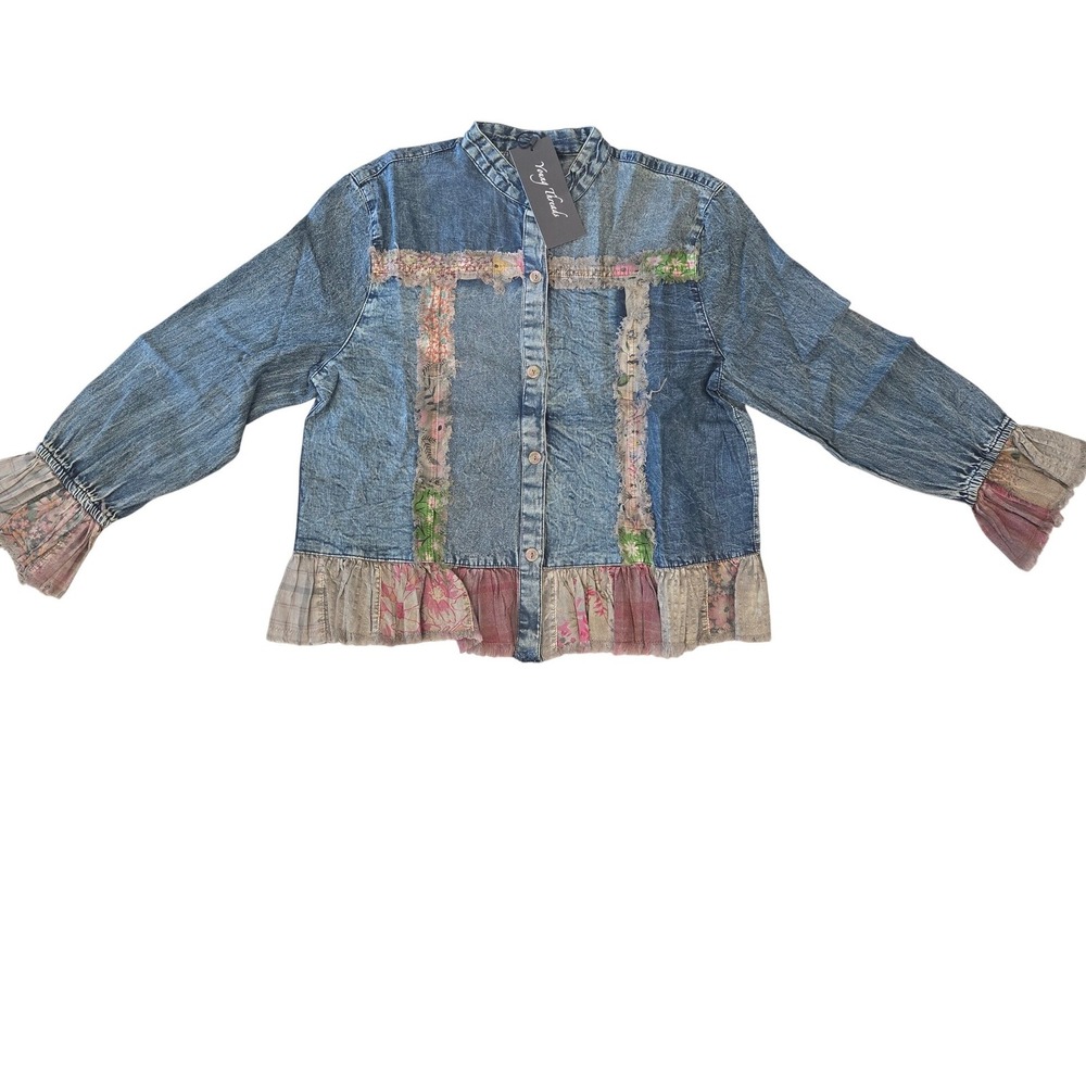 Young Threads Denim Patchwork Ruffle Jacket Boho Floral Mixed Media Gravel Med M